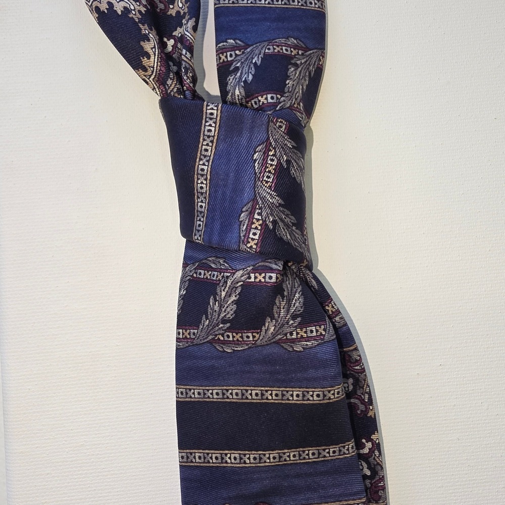 Zylos George Machado Mens‎ Navy Blue Silk Geometric Feather Print Tie Italy
